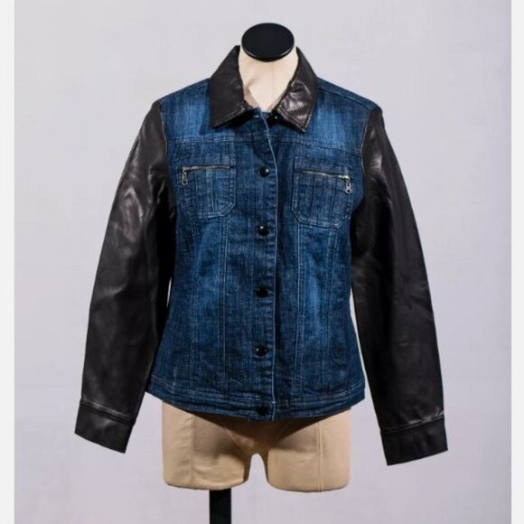 AMI 99% Cotton Button Down Pocket Faux Leather Grunge Jean Denim Jacket Sz M - Picture 1 of 4